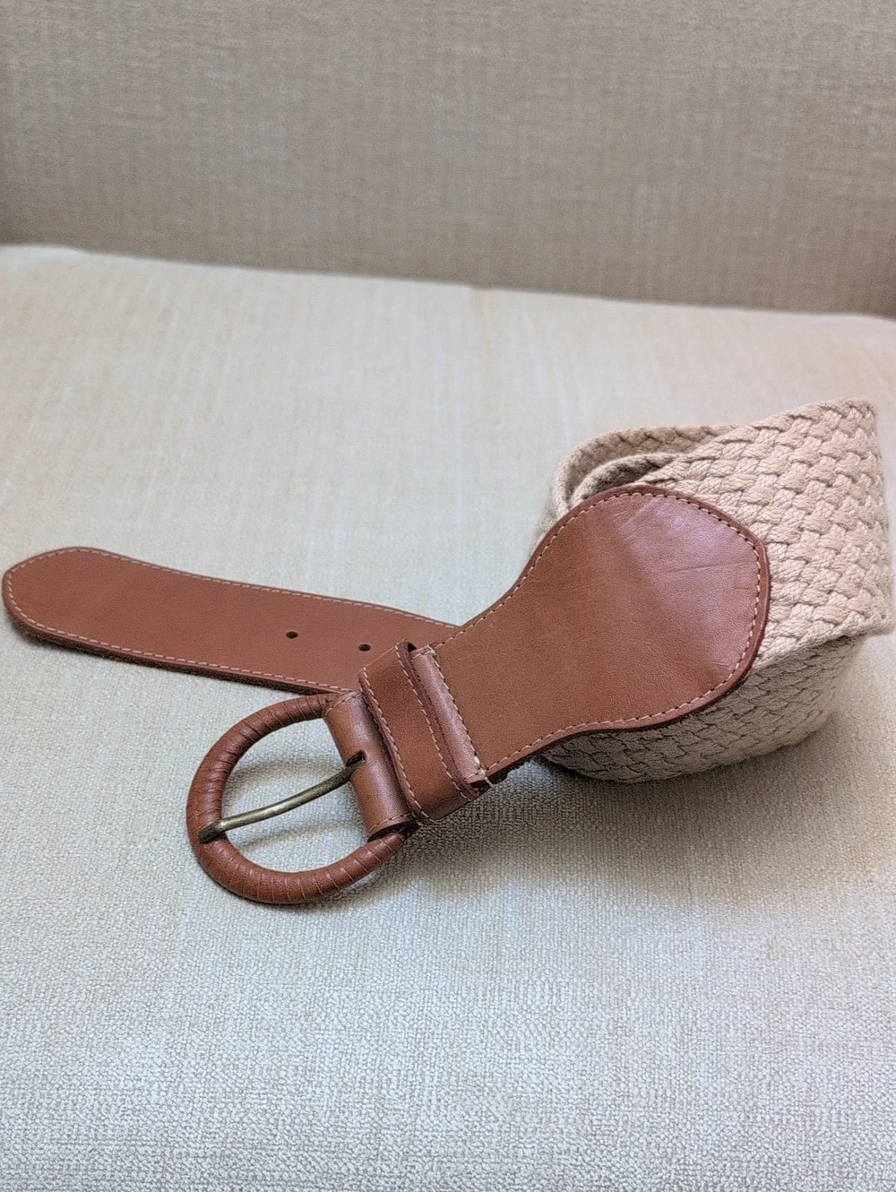 J. McLaughlin Brown Leather-Trim Wide Woven Belt Coastal Preppy Size L/XL